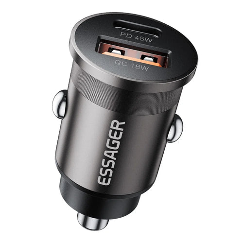 ESSAGER ES-CC15 Car Charger 45W Dual Port USB-A + Type-C Fast Charging Socket Cigarette Lighter - Grey - 1