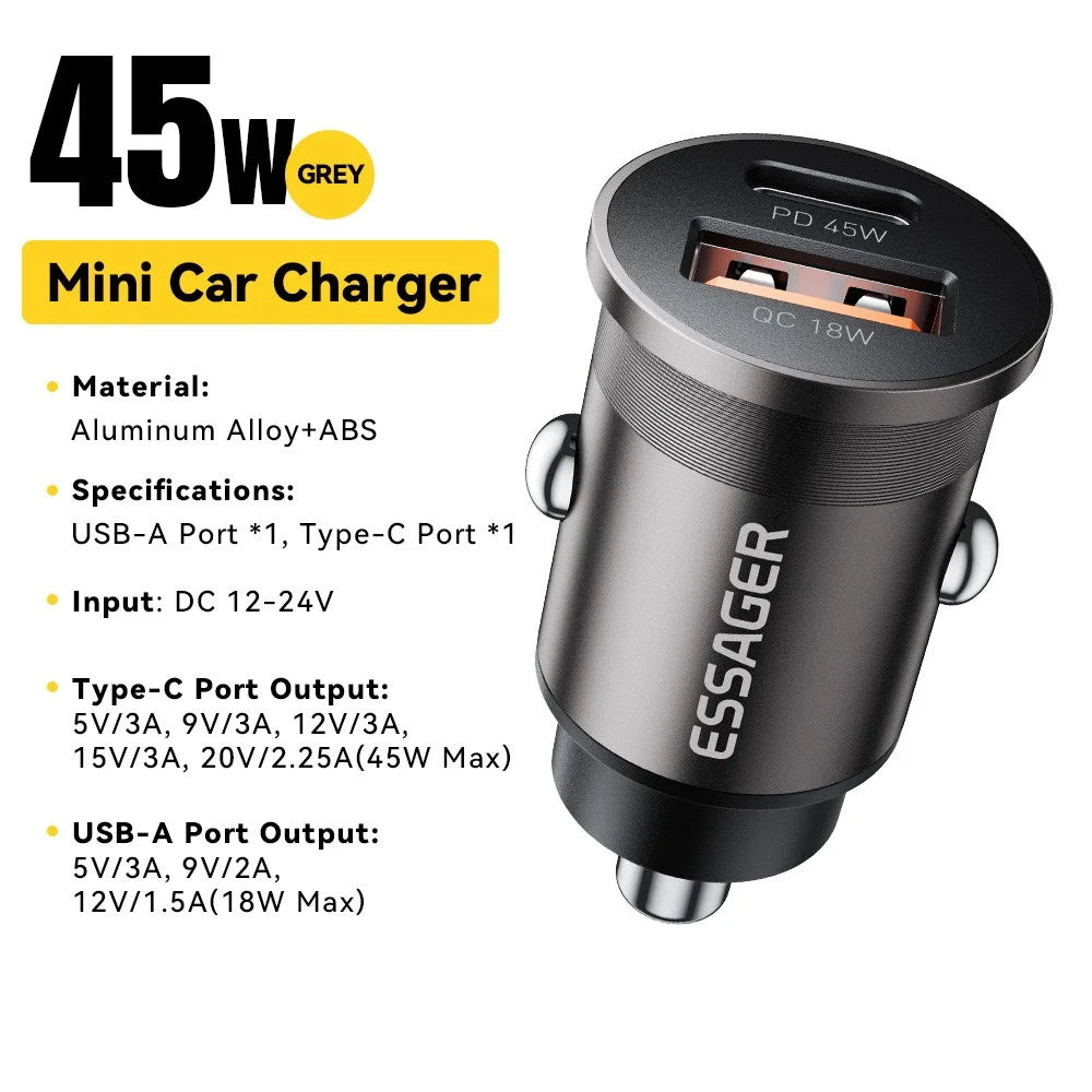 ESSAGER ES-CC15 Car Charger 45W Dual Port USB-A + Type-C Fast Charging Socket Cigarette Lighter - Grey - 2