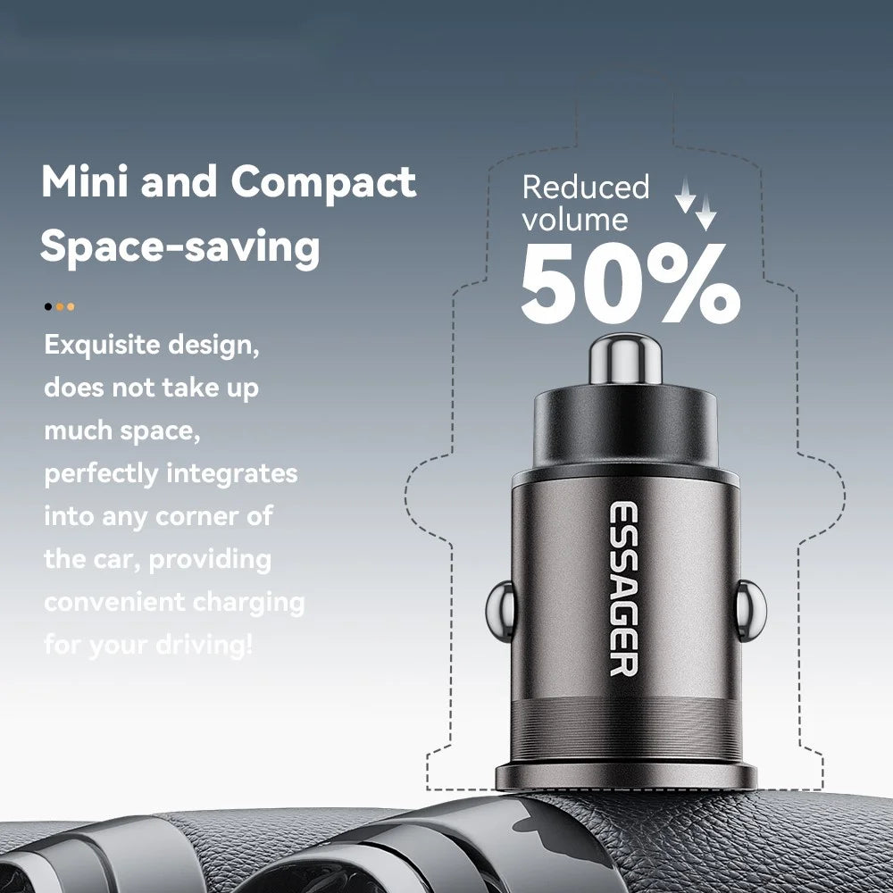 ESSAGER ES-CC15 Car Charger 45W Dual Port USB-A + Type-C Fast Charging Socket Cigarette Lighter - Grey - 5