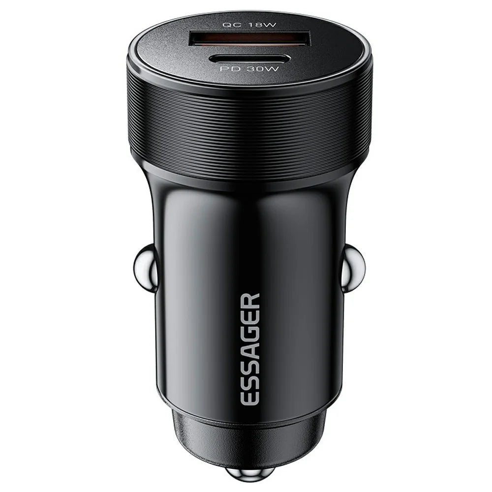 ESSAGER PD 30W Aluminum Alloy Car Charger Dual Port USB-A + Type-C Fast Charging Power Adapter with Smart Chip - Black - 1