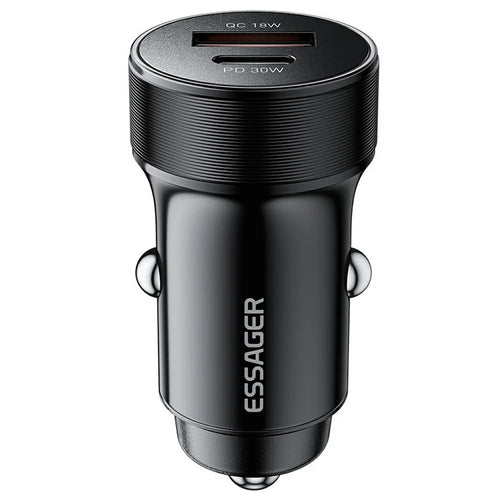 ESSAGER PD 30W Aluminum Alloy Car Charger Dual Port USB-A + Type-C Fast Charging Power Adapter with Smart Chip - Black - 1