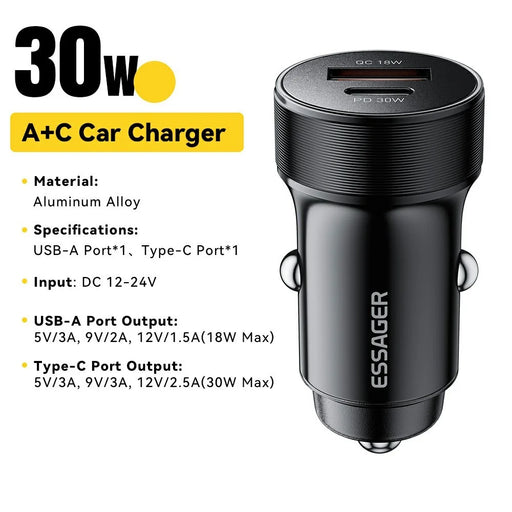ESSAGER PD 30W Aluminum Alloy Car Charger Dual Port USB-A + Type-C Fast Charging Power Adapter with Smart Chip - Black - 2