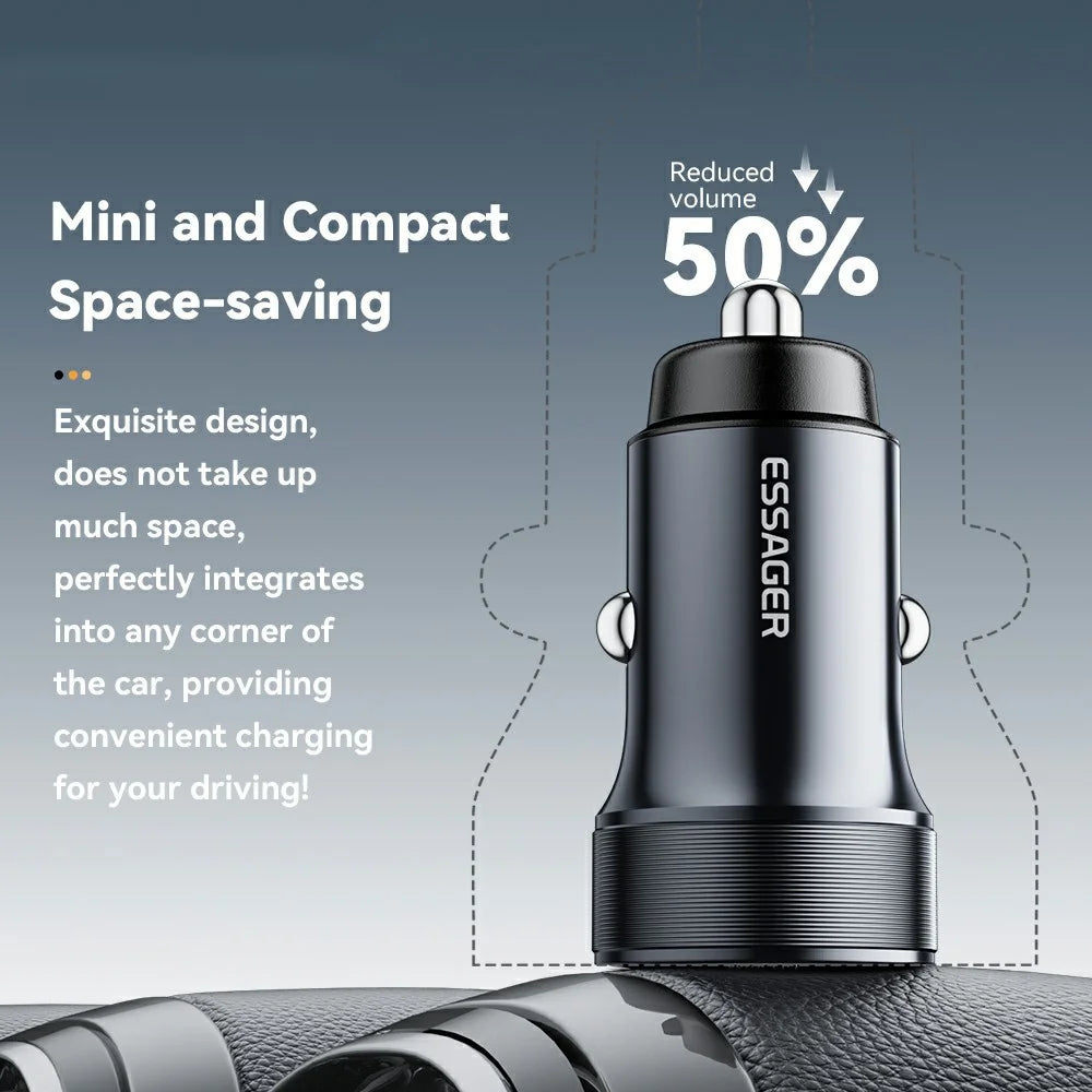 ESSAGER PD 30W Aluminum Alloy Car Charger Dual Port USB-A + Type-C Fast Charging Power Adapter with Smart Chip - Black - 4