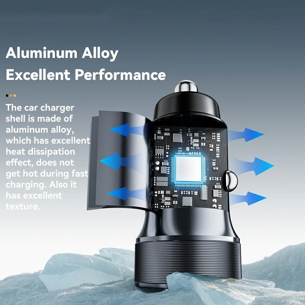 ESSAGER PD 30W Aluminum Alloy Car Charger Dual Port USB-A + Type-C Fast Charging Power Adapter with Smart Chip - Black - 6