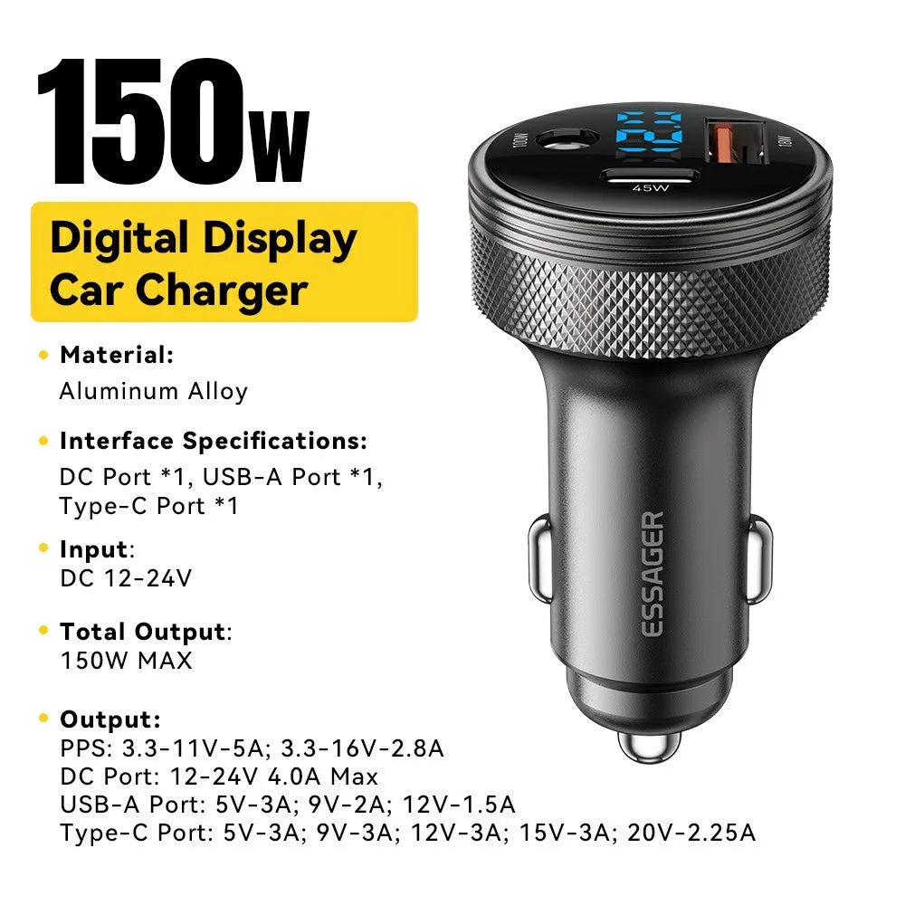 ESSAGER 150W Aluminum Alloy Digital Display Car Charger with DC + USB A + Type-C Port Fast Charging Adapter for Car  - Grey - 2