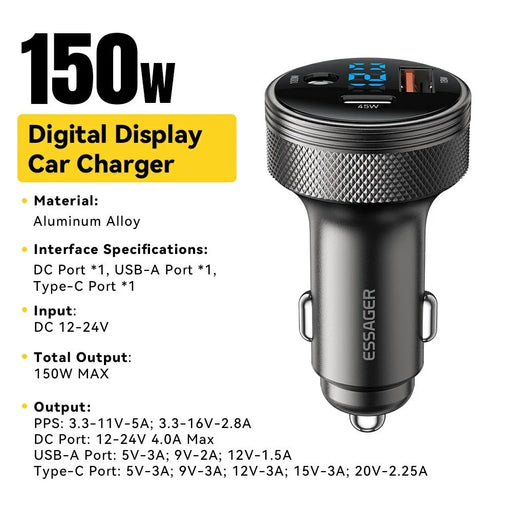 ESSAGER 150W Aluminum Alloy Digital Display Car Charger with DC + USB A + Type-C Port Fast Charging Adapter for Car  - Grey - 2