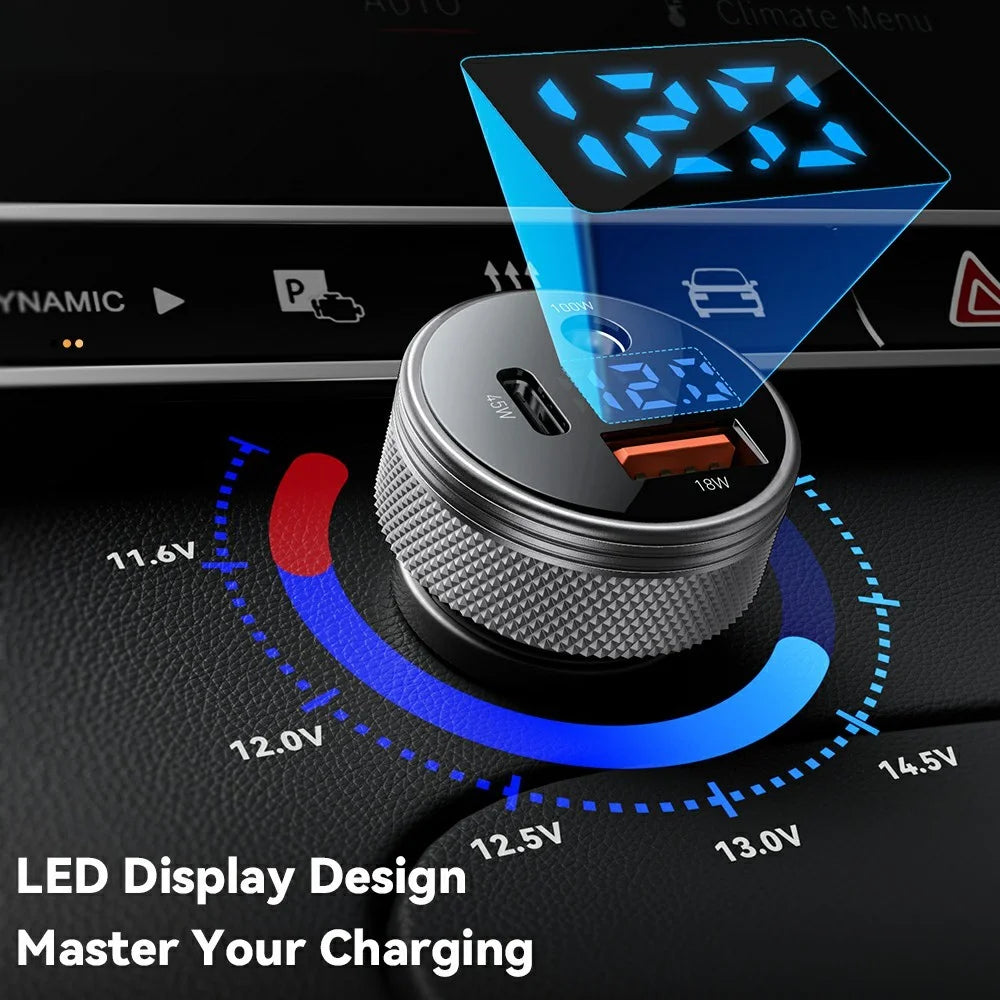 ESSAGER 150W Aluminum Alloy Digital Display Car Charger with DC + USB A + Type-C Port Fast Charging Adapter for Car  - Grey - 4