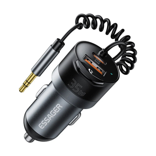 ESSAGER Car Charger Bluetooth-Compatiable 5.3 PD 35W USB-A + Type-C Wired to Wireless Car Audio with AUX Plug - Grey - 1