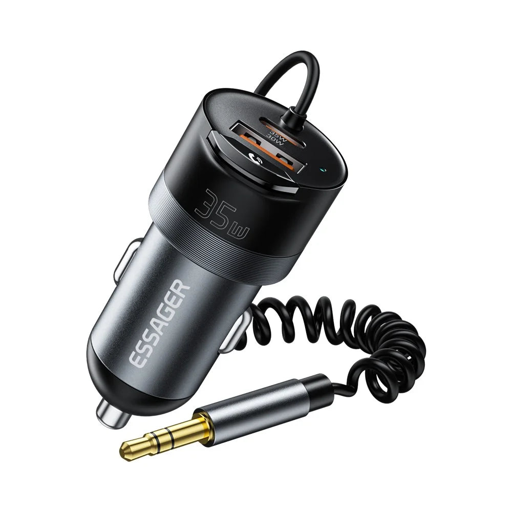 ESSAGER Car Charger Bluetooth-Compatiable 5.3 PD 35W USB-A + Type-C Wired to Wireless Car Audio with AUX Plug - Grey - 2