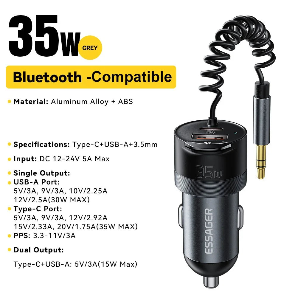 ESSAGER Car Charger Bluetooth-Compatiable 5.3 PD 35W USB-A + Type-C Wired to Wireless Car Audio with AUX Plug - Grey - 3