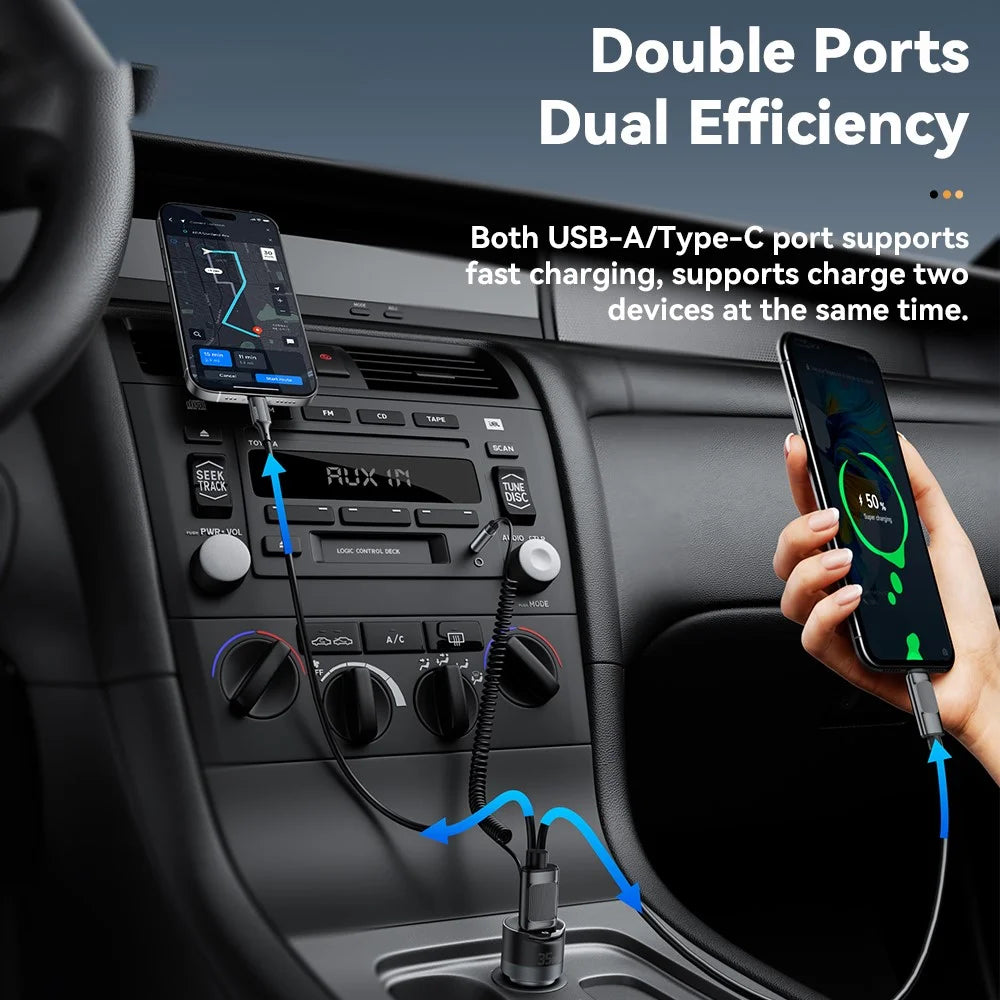 ESSAGER Car Charger Bluetooth-Compatiable 5.3 PD 35W USB-A + Type-C Wired to Wireless Car Audio with AUX Plug - Grey - 4