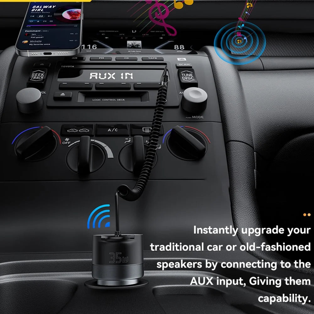 ESSAGER Car Charger Bluetooth-Compatiable 5.3 PD 35W USB-A + Type-C Wired to Wireless Car Audio with AUX Plug - Grey - 5