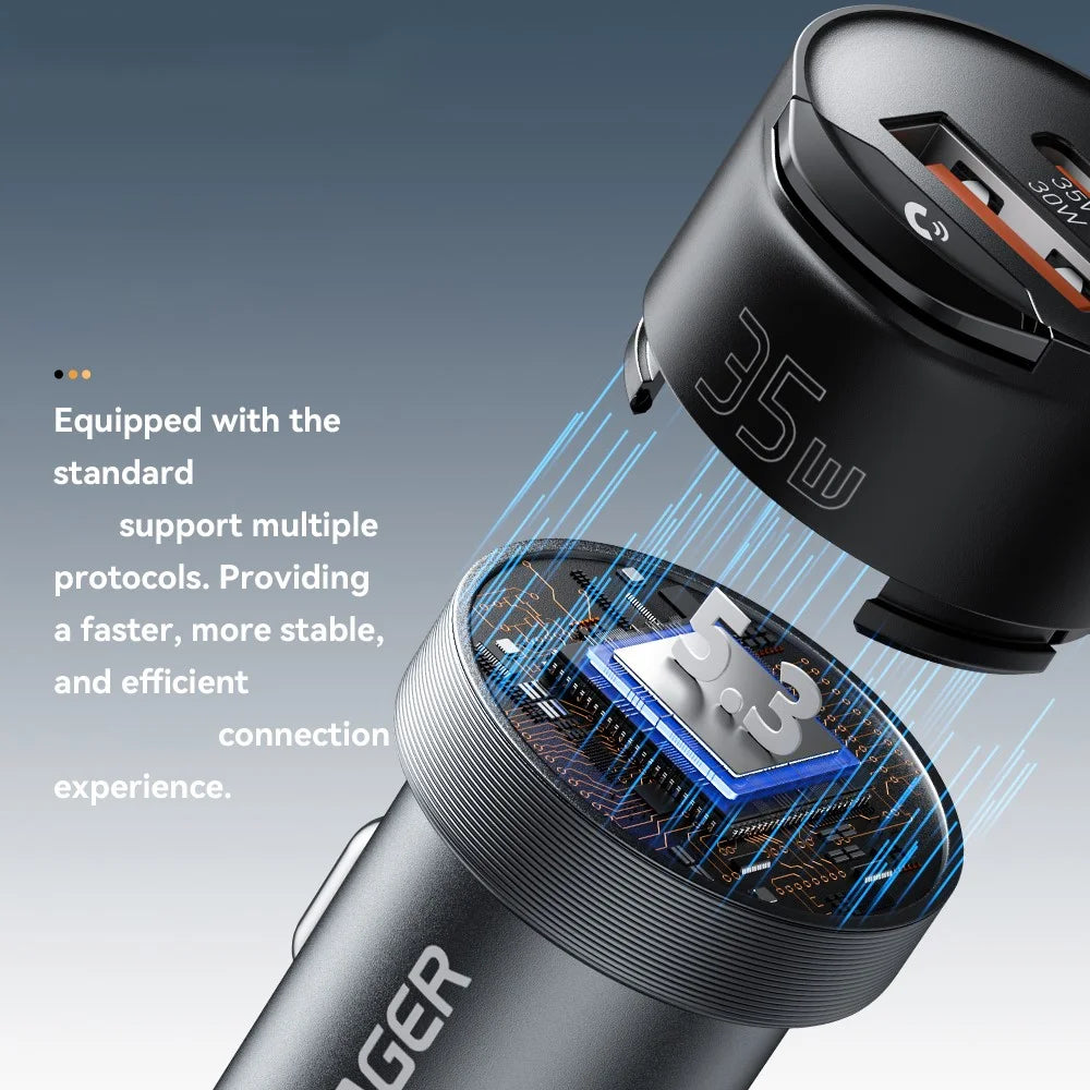 ESSAGER Car Charger Bluetooth-Compatiable 5.3 PD 35W USB-A + Type-C Wired to Wireless Car Audio with AUX Plug - Grey - 6