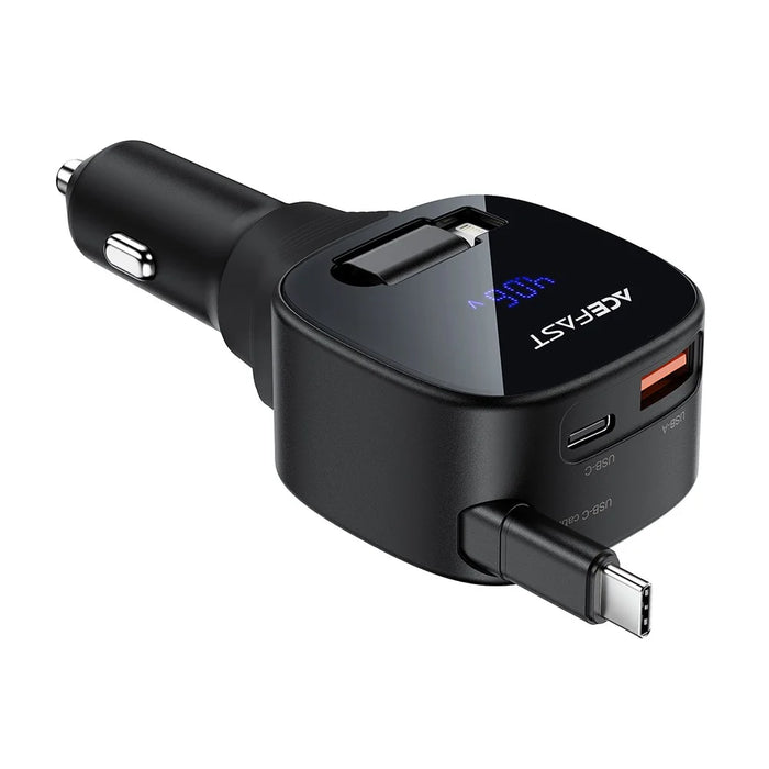 ACEFAST B17 95W Car Charger USB-C + USB-A LED Display Fast Charging Adapater with Retractable Cable - 2