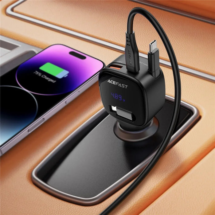 ACEFAST B17 95W Car Charger USB-C + USB-A LED Display Fast Charging Adapater with Retractable Cable - 5