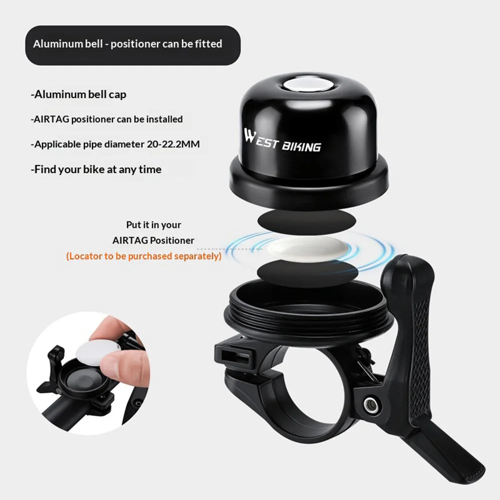 WEST BIKING YP0706075 Aluminum Alloy Bicycle Bell for AirTag Holder Anti-Theft Mountain Road Bike Warning Horn - Aluminum Alloy Bell - 2
