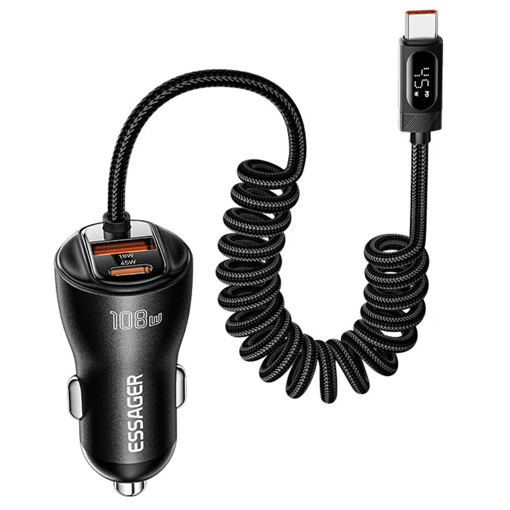 ESSAGER 108W Car Charger Digital Display Spring Cable 2C+A 45W PD Fast Charging Adapter - Black - 1