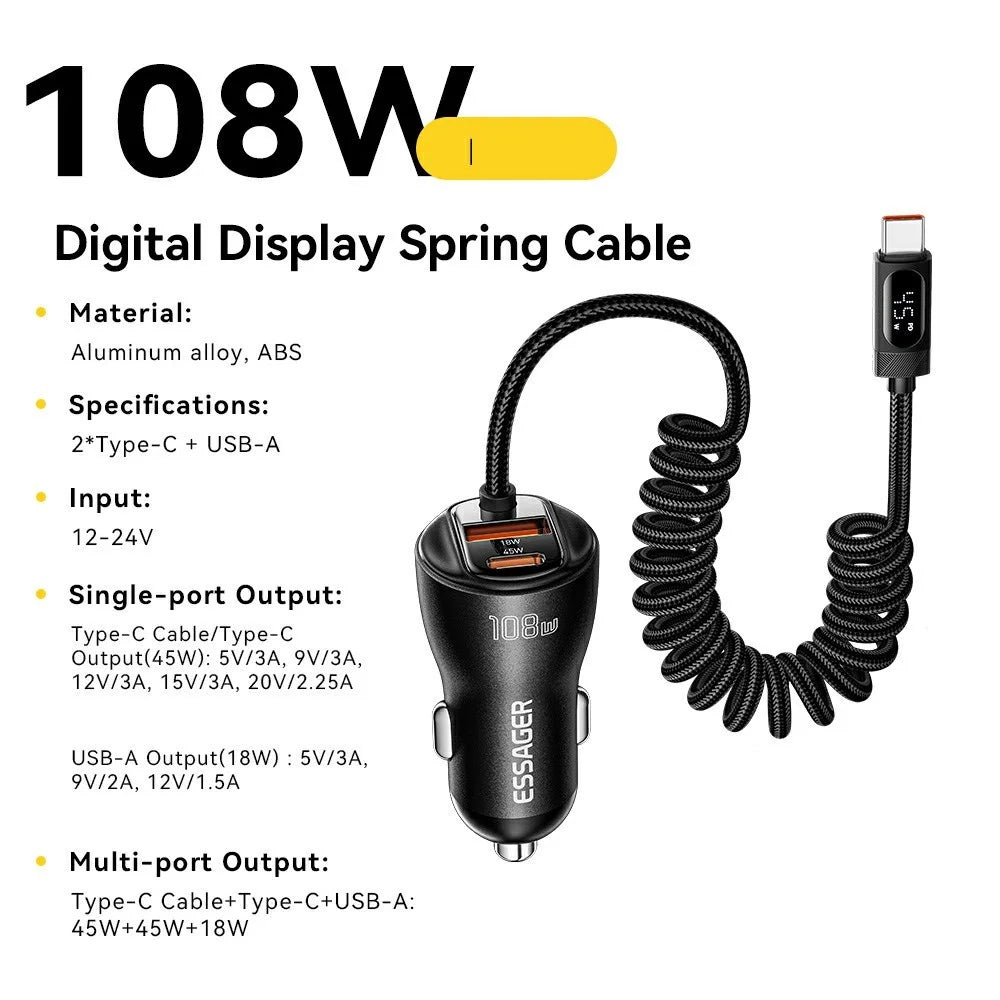 ESSAGER 108W Car Charger Digital Display Spring Cable 2C+A 45W PD Fast Charging Adapter - Black - 2