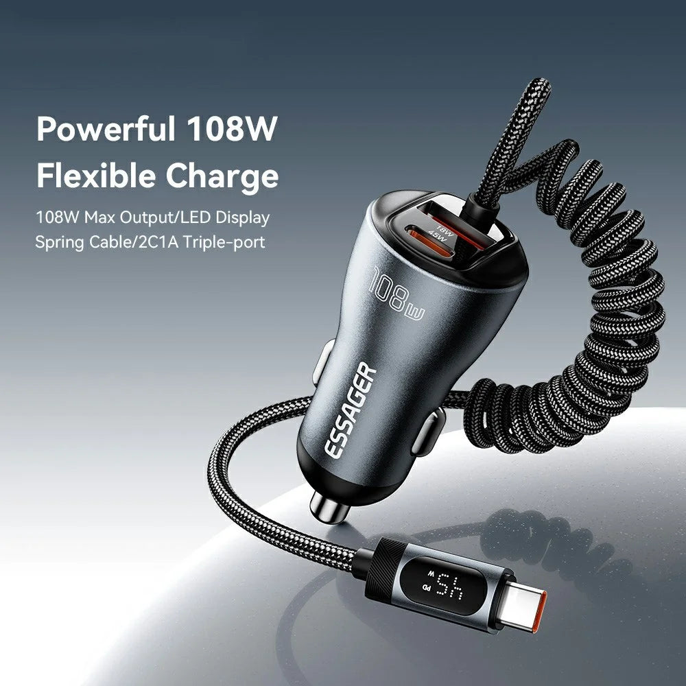 ESSAGER 108W Car Charger Digital Display Spring Cable 2C+A 45W PD Fast Charging Adapter - Black - 3