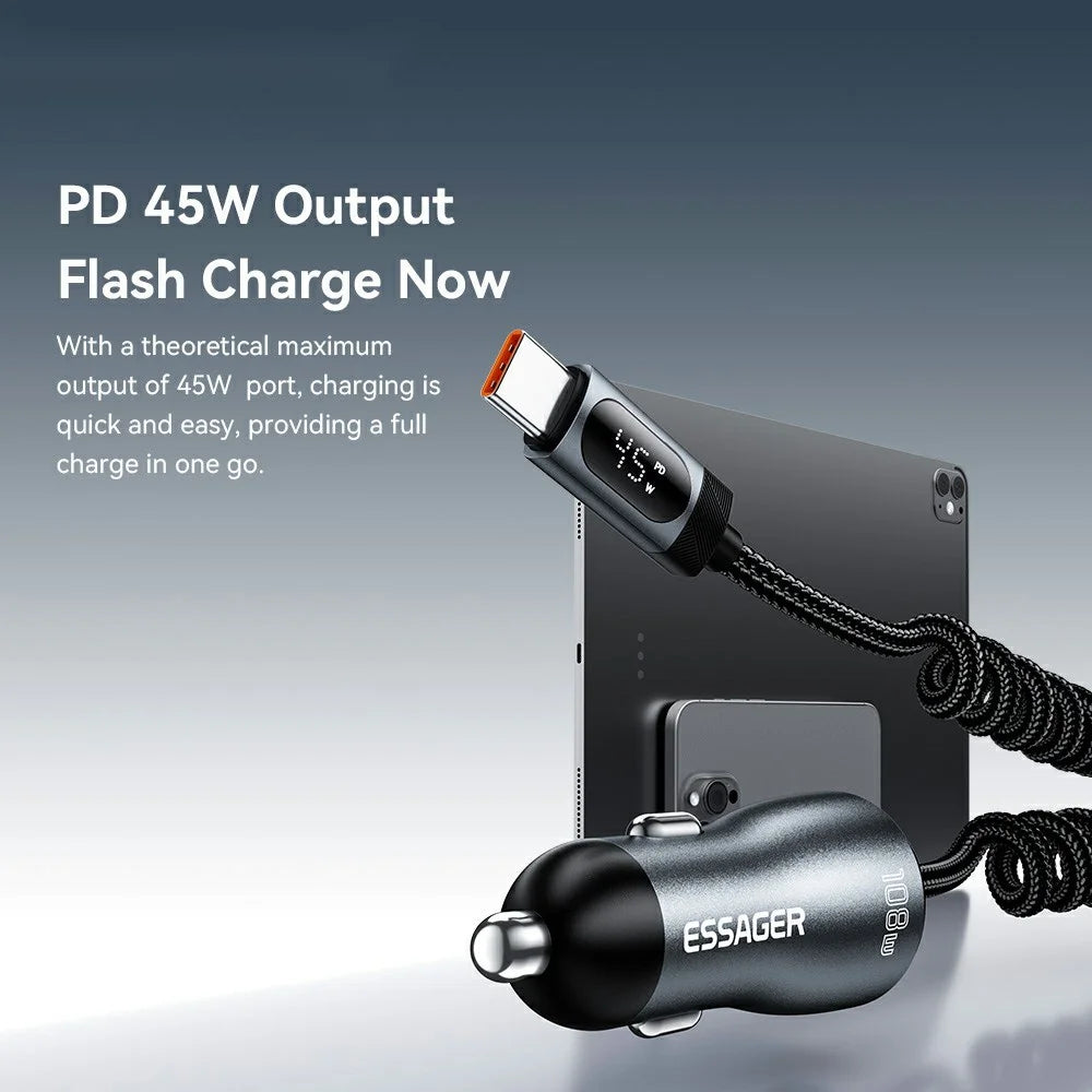 ESSAGER 108W Car Charger Digital Display Spring Cable 2C+A 45W PD Fast Charging Adapter - Black - 4