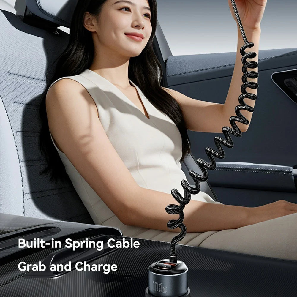 ESSAGER 108W Car Charger Digital Display Spring Cable 2C+A 45W PD Fast Charging Adapter - Black - 5