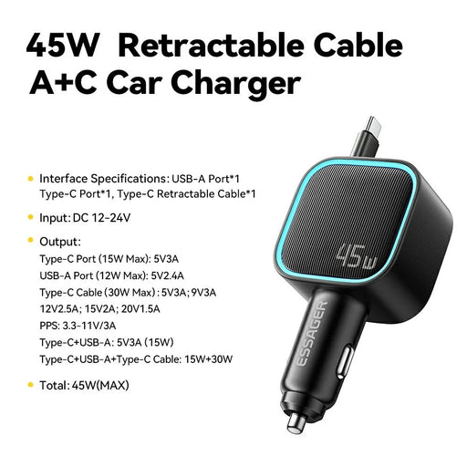 ESSAGER 45W Car Charger 2 Type-C + USB-A Built-in Retractable Cable PD Fast Charging Power Adapter - 2