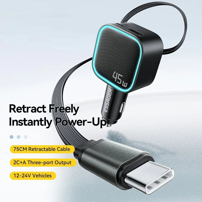 ESSAGER 45W Car Charger 2 Type-C + USB-A Built-in Retractable Cable PD Fast Charging Power Adapter - 3