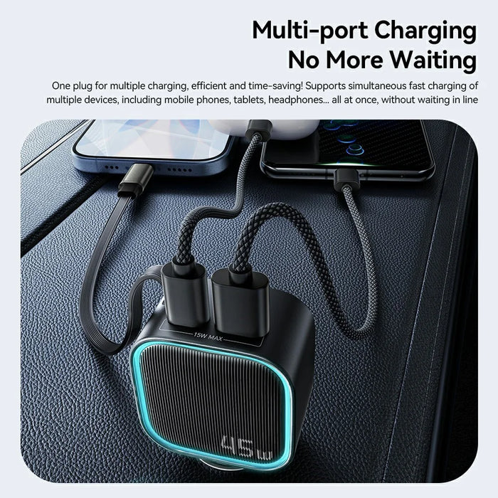 ESSAGER 45W Car Charger 2 Type-C + USB-A Built-in Retractable Cable PD Fast Charging Power Adapter - 6