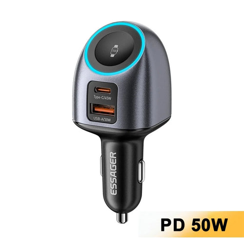 ESSAGER ES-CC31 50W 2 in 1 Car Charger Type-C + USB-A Adapter with Watch Charging - Grey - 1