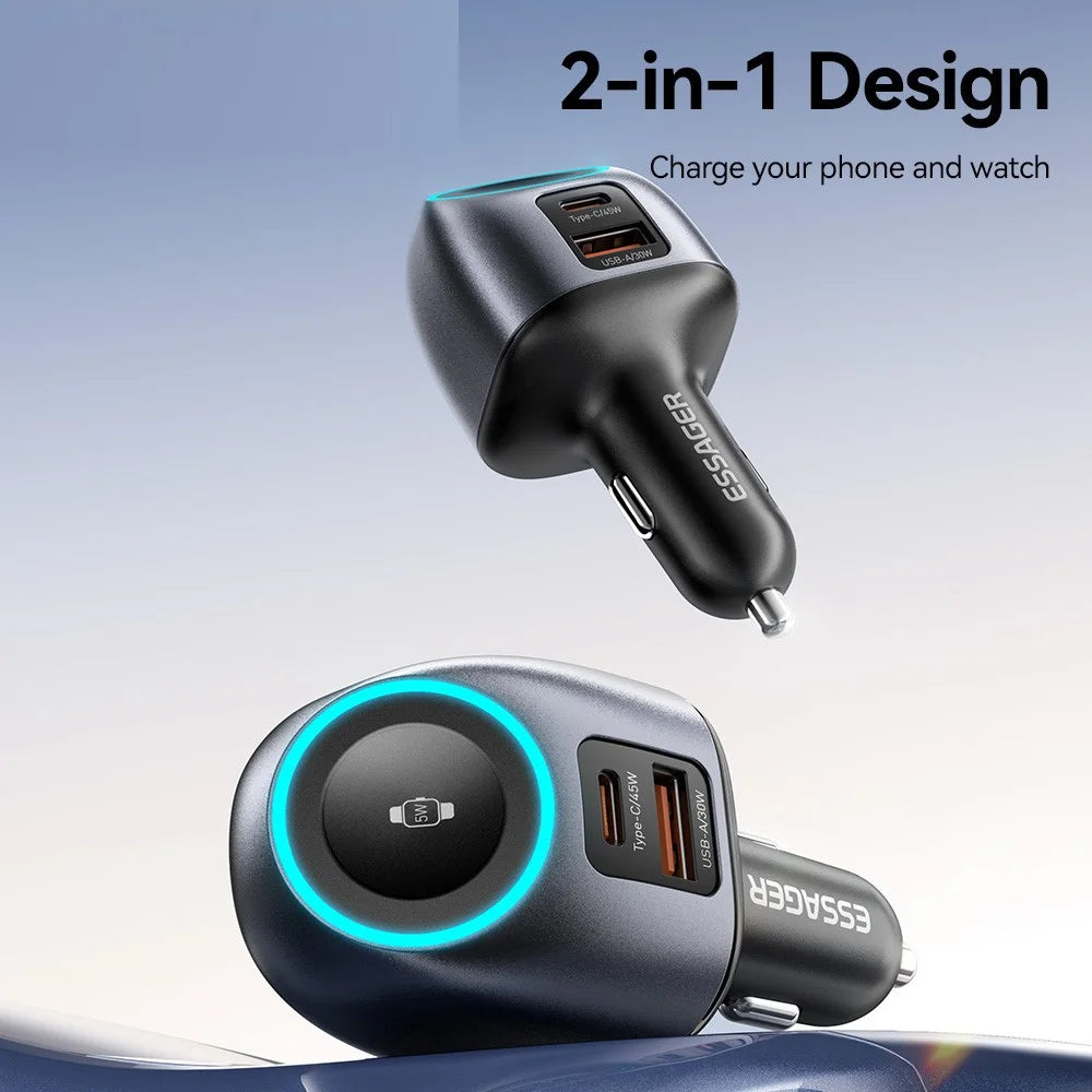 ESSAGER ES-CC31 50W 2 in 1 Car Charger Type-C + USB-A Adapter with Watch Charging - Grey - 2