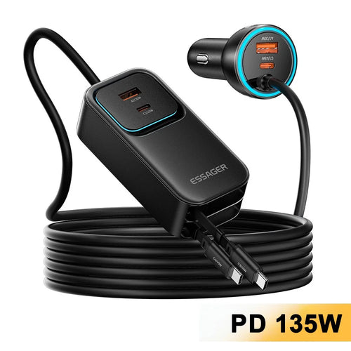 ESSAGER F789 1.5m 135W Rear-Seat Car Charger with 70cm Retractable Cables - Black - 1