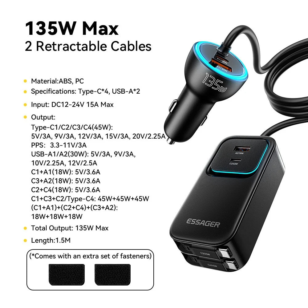 ESSAGER F789 1.5m 135W Rear-Seat Car Charger with 70cm Retractable Cables - Black - 2