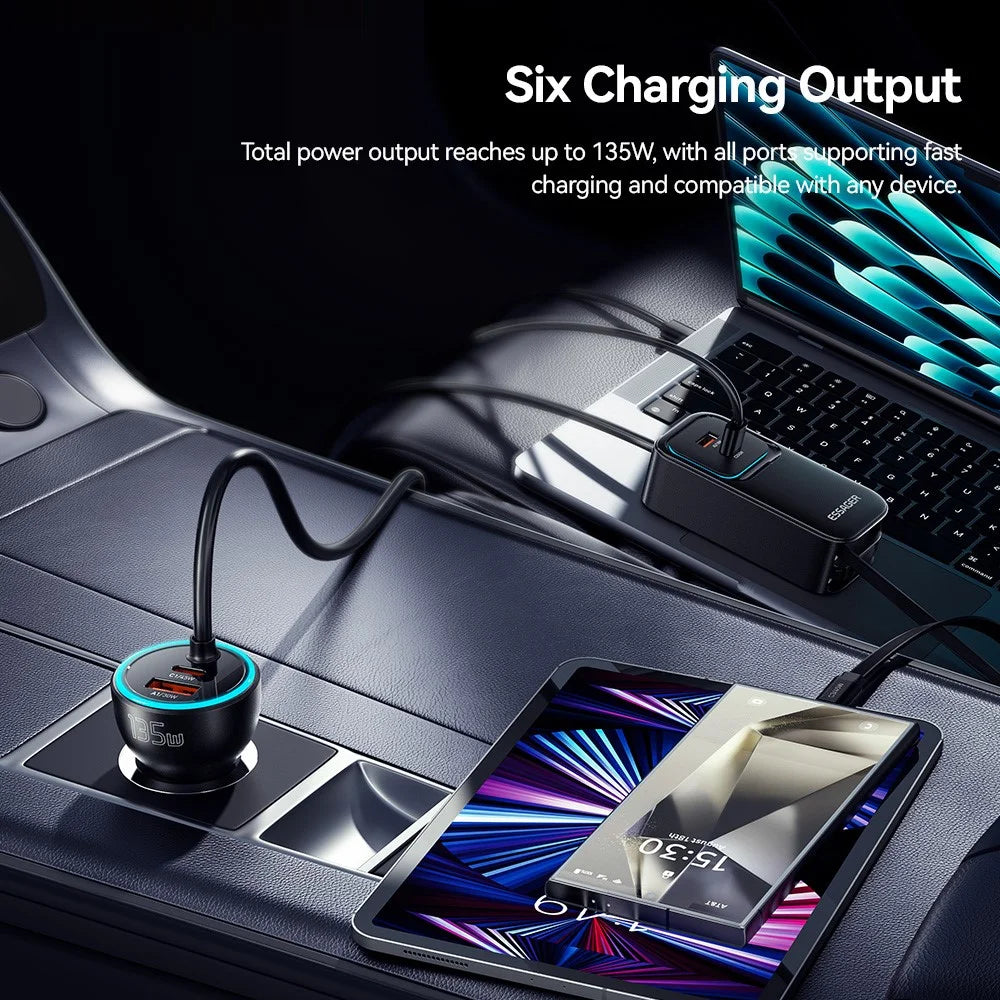 ESSAGER F789 1.5m 135W Rear-Seat Car Charger with 70cm Retractable Cables - Black - 5