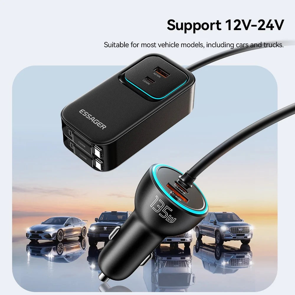 ESSAGER F789 1.5m 135W Rear-Seat Car Charger with 70cm Retractable Cables - Black - 7