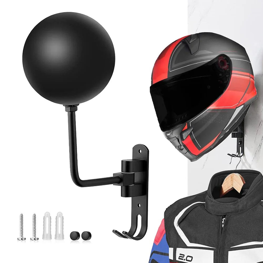 Motorcycle Wall Mounted Helmet Holder 180-Degree Rotating E-Bike Helmet Display Rack with 2 Hook for Hats, Caps, Coats, Jackets - Black - 1