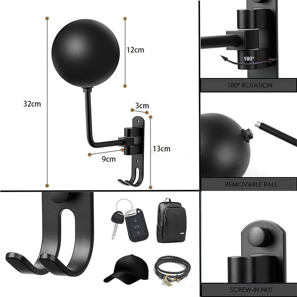 Motorcycle Wall Mounted Helmet Holder 180-Degree Rotating E-Bike Helmet Display Rack with 2 Hook for Hats, Caps, Coats, Jackets - Black - 2