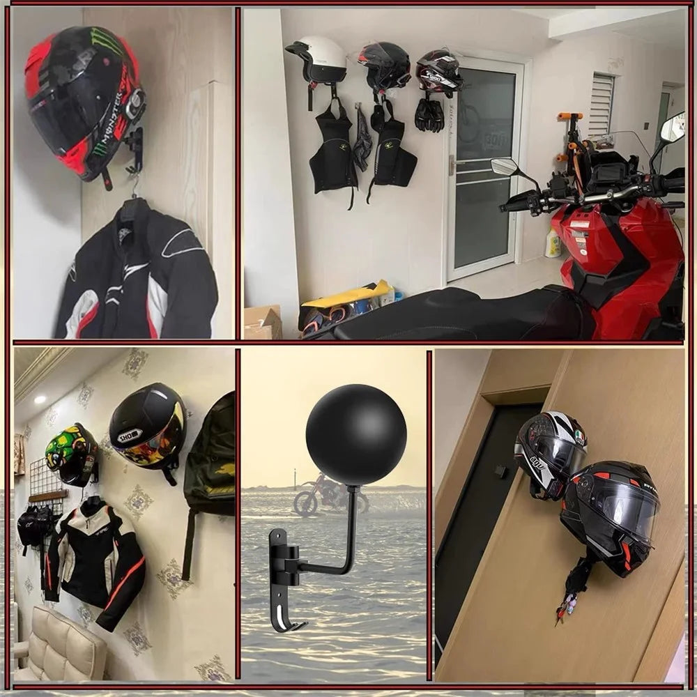 Motorcycle Wall Mounted Helmet Holder 180-Degree Rotating E-Bike Helmet Display Rack with 2 Hook for Hats, Caps, Coats, Jackets - Black - 3