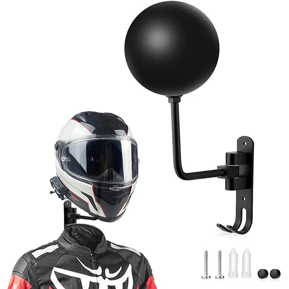 Motorcycle Wall Mounted Helmet Holder 180-Degree Rotating E-Bike Helmet Display Rack with 2 Hook for Hats, Caps, Coats, Jackets - Black - 5