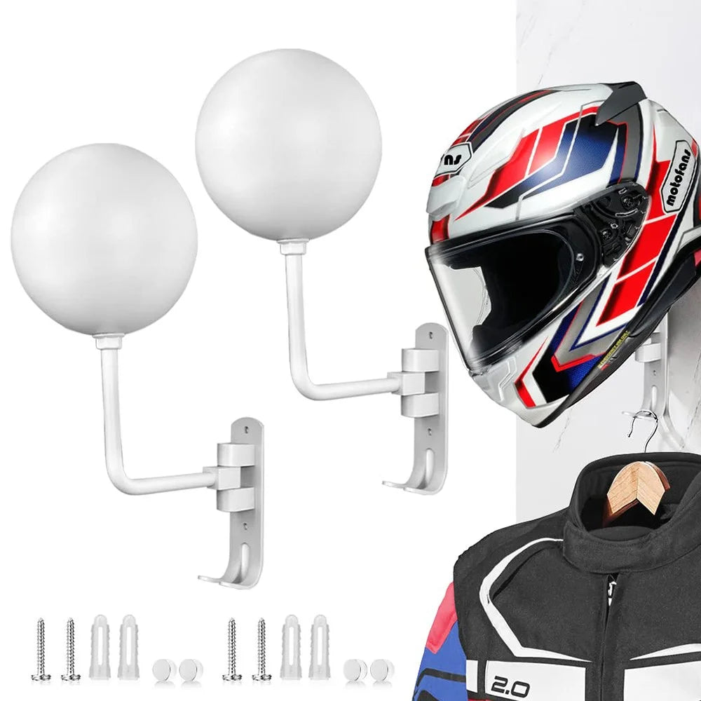 1Pair Motorcycle Wall Mounted Helmet Display Rack 180-Degree Rotating E-Bike Helmet Holder with 2 Hook for Hats, Caps, Keys, Bags - White - 1