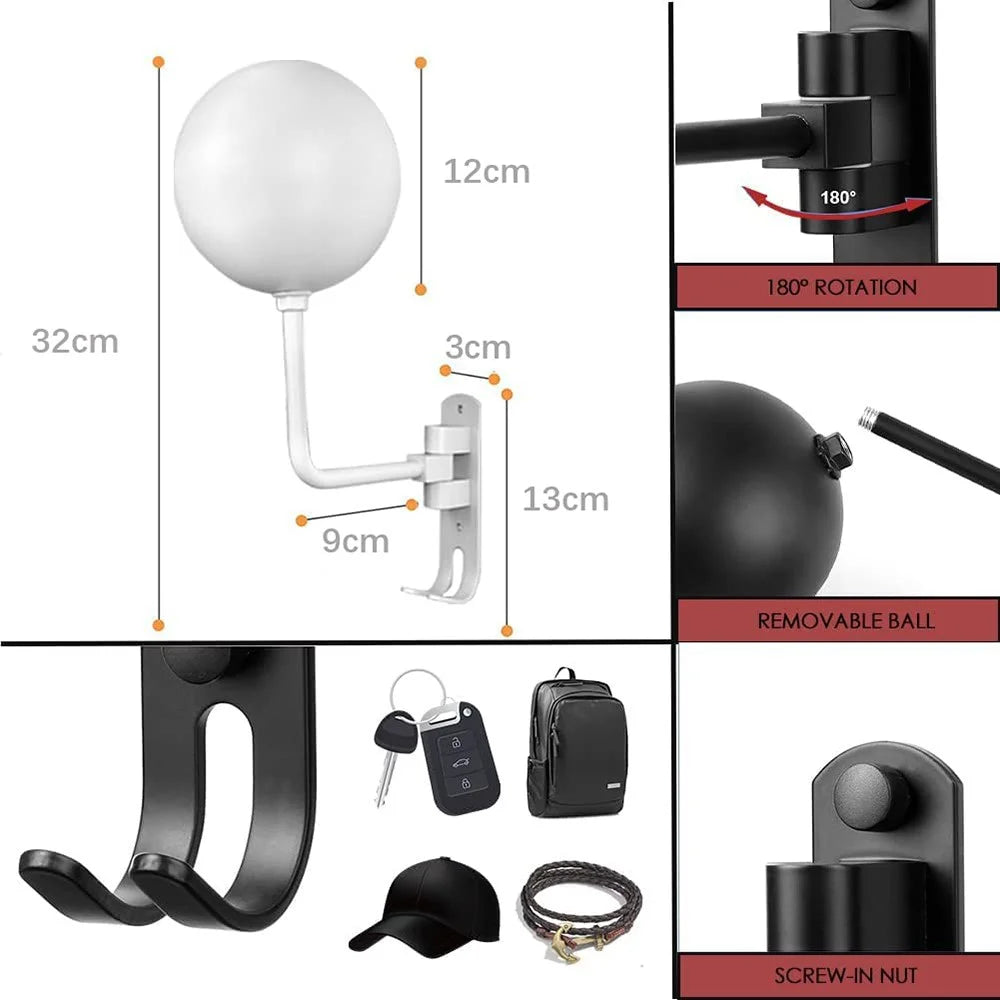 1Pair Motorcycle Wall Mounted Helmet Display Rack 180-Degree Rotating E-Bike Helmet Holder with 2 Hook for Hats, Caps, Keys, Bags - White - 2