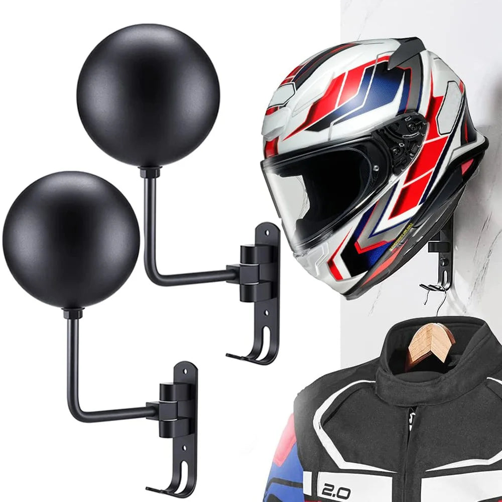 1Pair Motorcycle Wall Mounted Helmet Display Rack 180-Degree Rotating E-Bike Helmet Holder with 2 Hook for Hats, Caps, Keys, Bags - Black - 1