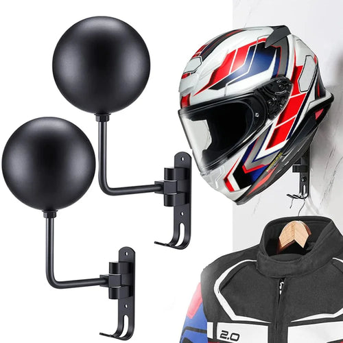 1Pair Motorcycle Wall Mounted Helmet Display Rack 180-Degree Rotating E-Bike Helmet Holder with 2 Hook for Hats, Caps, Keys, Bags - Black - 1