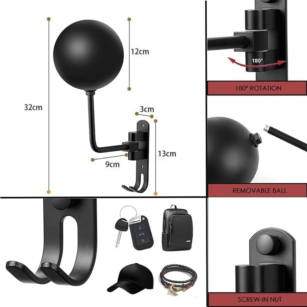 1Pair Motorcycle Wall Mounted Helmet Display Rack 180-Degree Rotating E-Bike Helmet Holder with 2 Hook for Hats, Caps, Keys, Bags - Black - 2