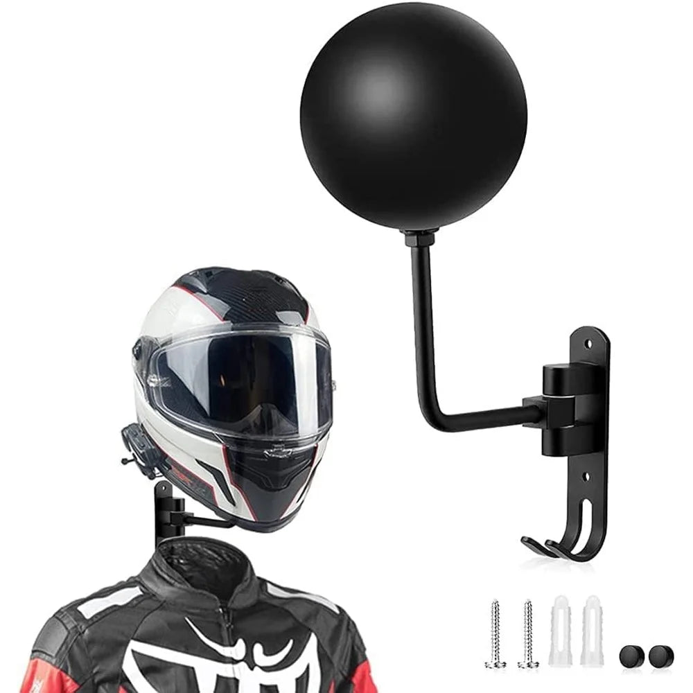 1Pair Motorcycle Wall Mounted Helmet Display Rack 180-Degree Rotating E-Bike Helmet Holder with 2 Hook for Hats, Caps, Keys, Bags - Black - 5