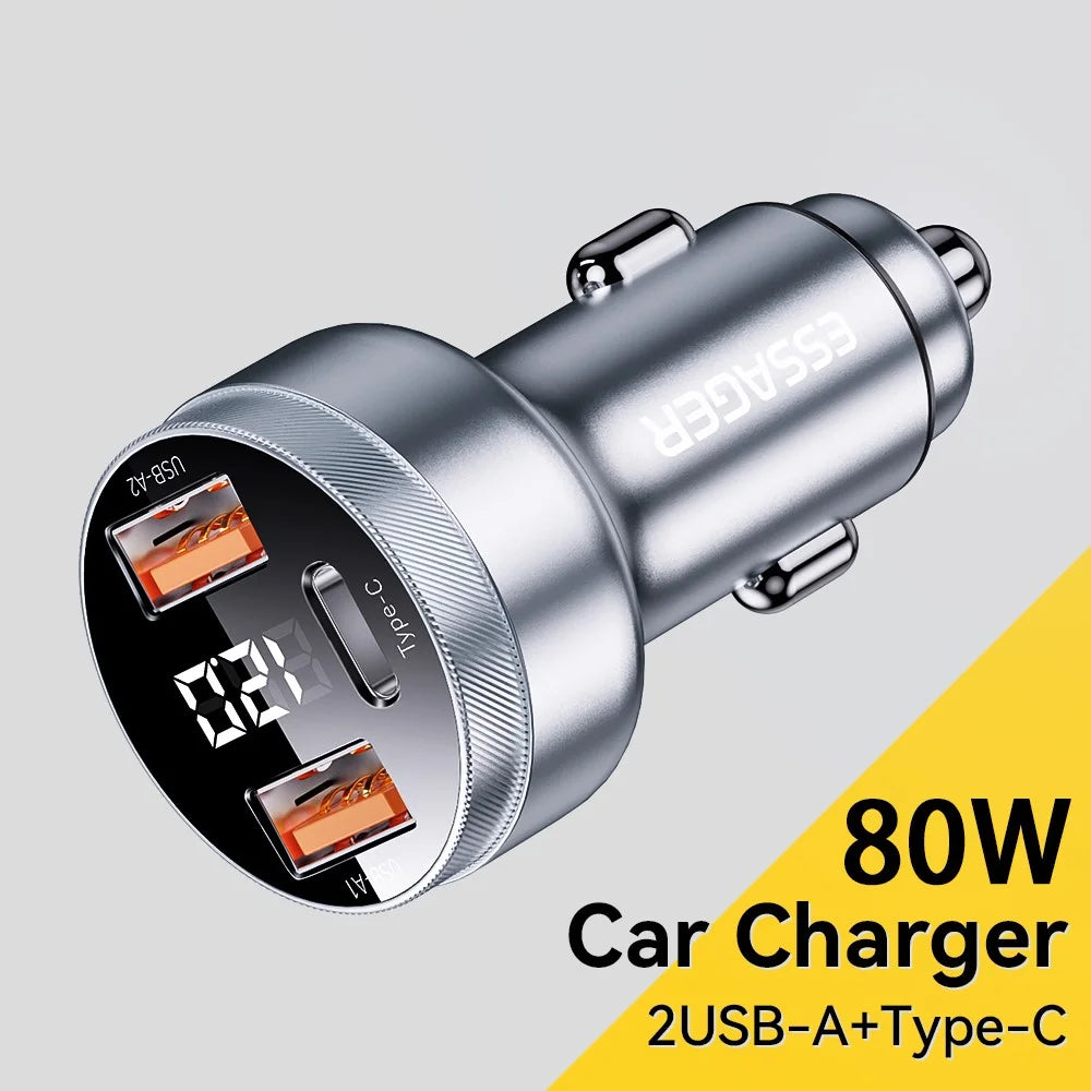 ESSAGER 80W Digital Display Car Charger 2 USB-A+USB-C Cigarette Lighter Fast Charger - 2