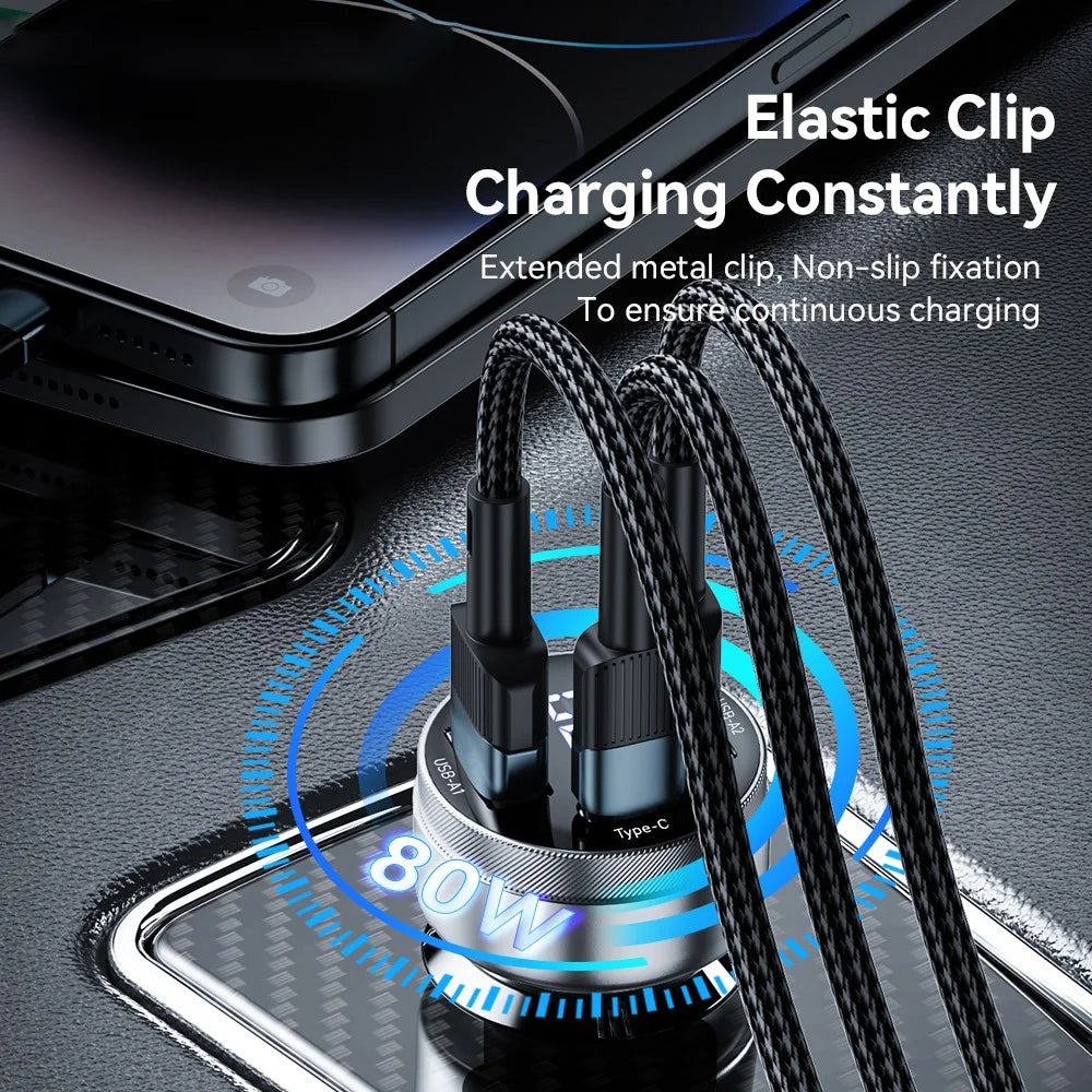 ESSAGER 80W Digital Display Car Charger 2 USB-A+USB-C Cigarette Lighter Fast Charger - 5