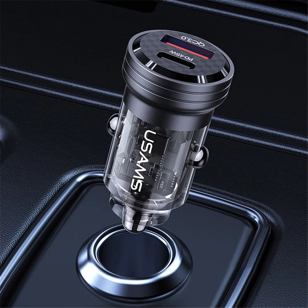 USAMS US-CC175 C35 45W Car Charger Aluminum Alloy Transparent USB-A+USB-C Mini Car Charger with Light - Black - 2