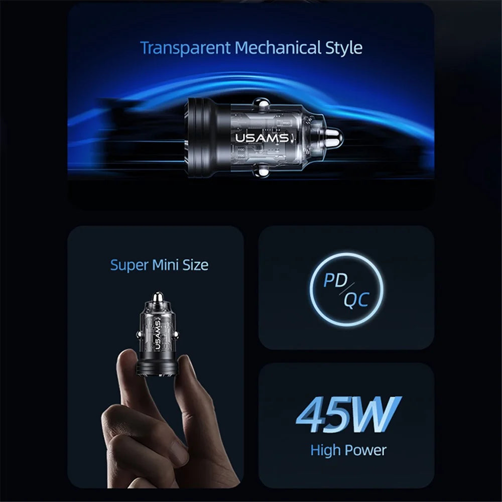 USAMS US-CC175 C35 45W Car Charger Aluminum Alloy Transparent USB-A+USB-C Mini Car Charger with Light - Black - 3