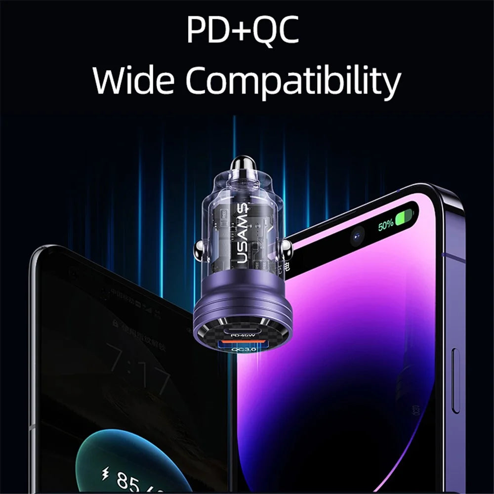 USAMS US-CC175 C35 45W Car Charger Aluminum Alloy Transparent USB-A+USB-C Mini Car Charger with Light - Black - 4