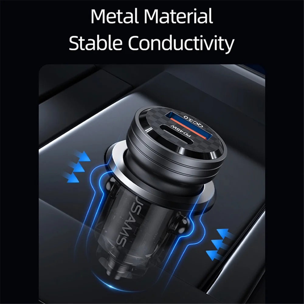 USAMS US-CC175 C35 45W Car Charger Aluminum Alloy Transparent USB-A+USB-C Mini Car Charger with Light - Black - 7